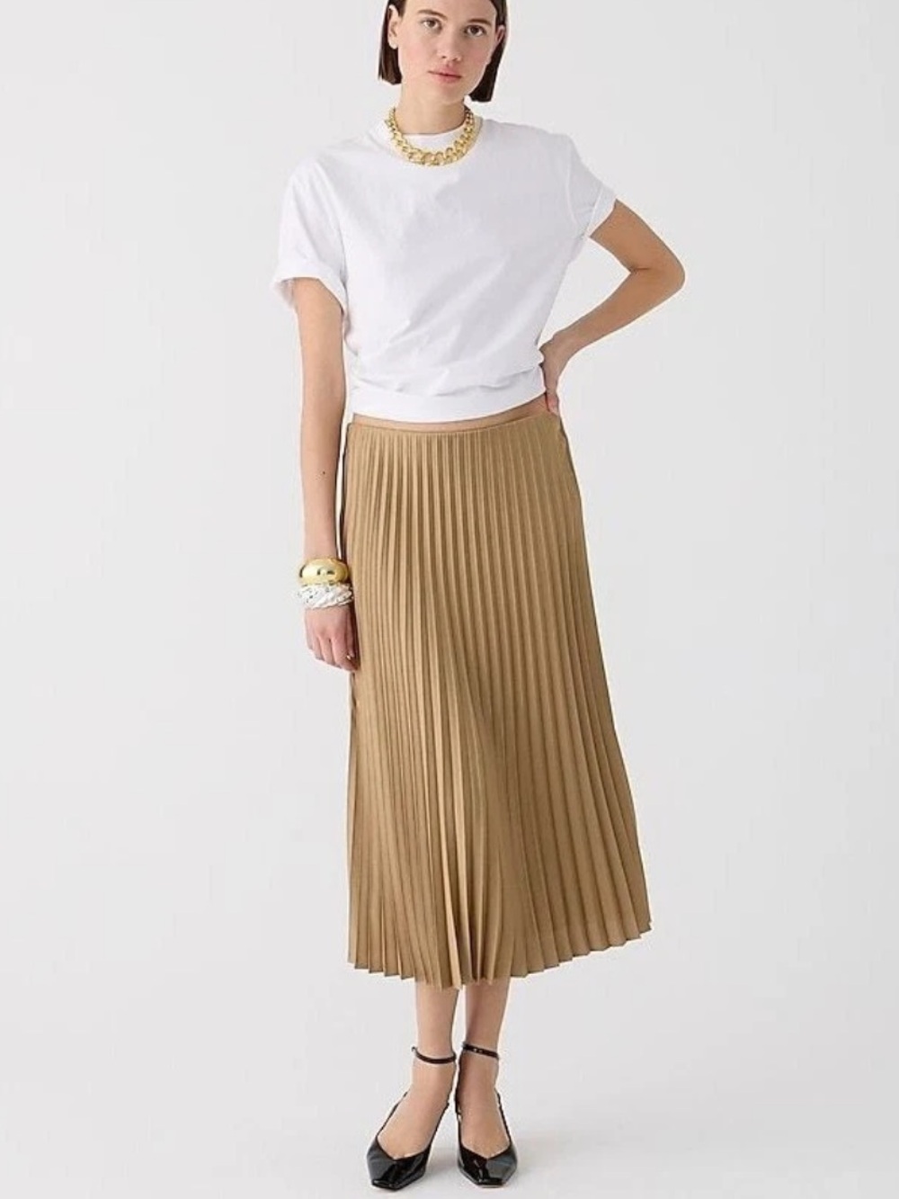 J Crew Gwyneth Pleated Beige Camel Pull On Slip Skirt Sz M